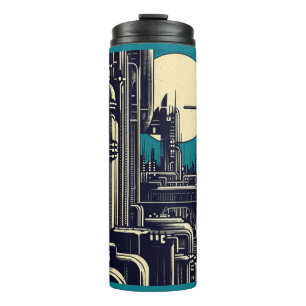 SF Futuristic City Woodcut 2 Thermal Tumbler