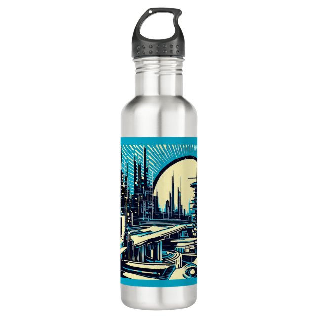SF Futuristic City Woodcut 3 710 Ml Water Bottle (Front)