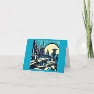SF Futuristic City Woodcut 3 Card
