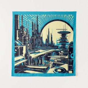 SF Futuristic City Woodcut 3 Tapestry