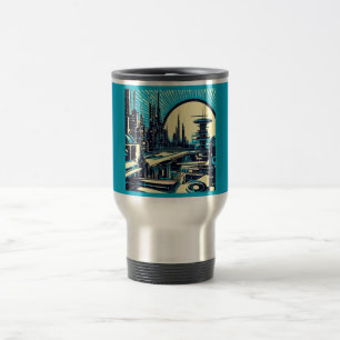 SF Futuristic City Woodcut 3 Travel Mug