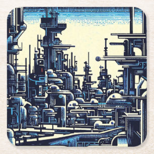 SF Futuristic City Woodcut 4 Square Paper Coaster