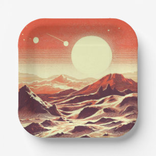 SF Mars Landscape Woodcut 2 Paper Plate