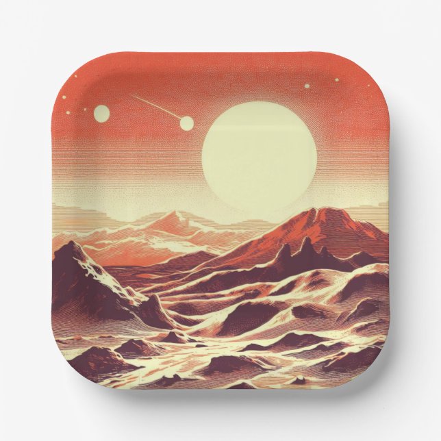 SF Mars Landscape Woodcut 2 Paper Plate (Front)