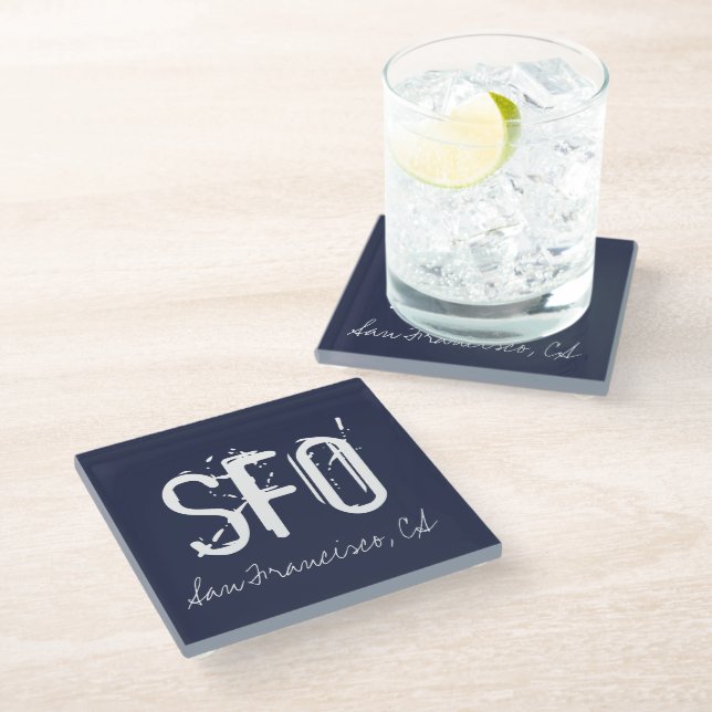 SFO San Francisco Typography Blue   Glass Coaster (Angled)