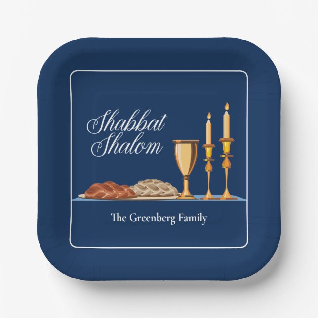 Shabbat Shalom Custom Blue Sabbath Dinner Paper Plate (Front)