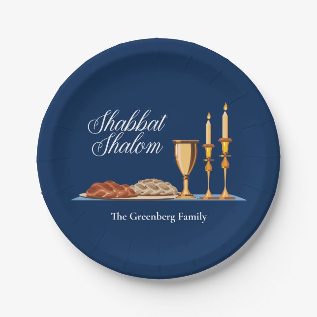 Shabbat Shalom Custom Blue Sabbath Dinner Paper Plate (Front)