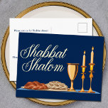 Shabbat Shalom Jewish Dinner Navy Blue Gold Foil Holiday Postcard<br><div class="desc">Shabbat Shalom dinner postcard invitation in beautiful blue with elegant gold foil script above a lovely Shabbat dinner with challah bread,  wine,  and candles. May you have many blessings. Personalize the back with your Jewish supper invite details.</div>