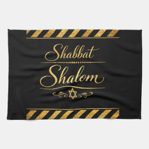 Shabbat Shalom Jewish Judaica Gold Black Luxury Kitchen Towel