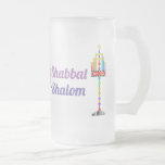 Shabbat Shalom Menorah frosted mug<br><div class="desc">Two very colourful,  fun menorahs,  one sporting a Shin and the other "Shabbat Shalom" in English and Hebrew - and an equally colourful Star of David adorn this frosted mug just in time for Shabbat.  Enjoy!  ~ karyn</div>