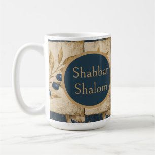 Shabbat Shalom Mug - Blue Gold Judaica Rustic 