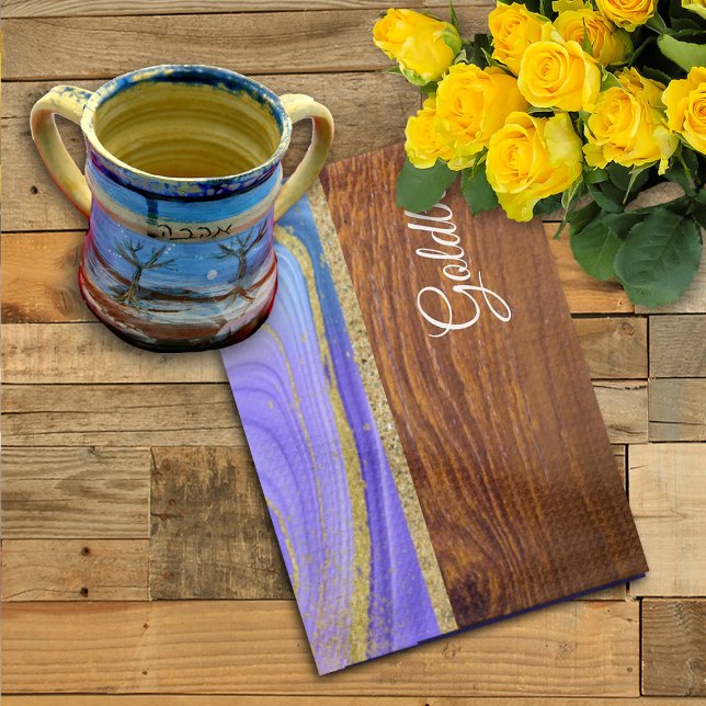 Shabbat Shalom Purple Teal Marble on Wood Effect Kitchen Towel (Creator Uploaded)
