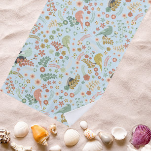 Shabby Birds & Branches Blue Beach Towel
