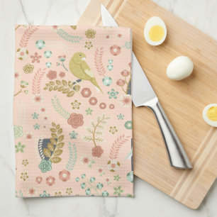 Shabby Birds & Branches Pastel Salmon  Kitchen Towel
