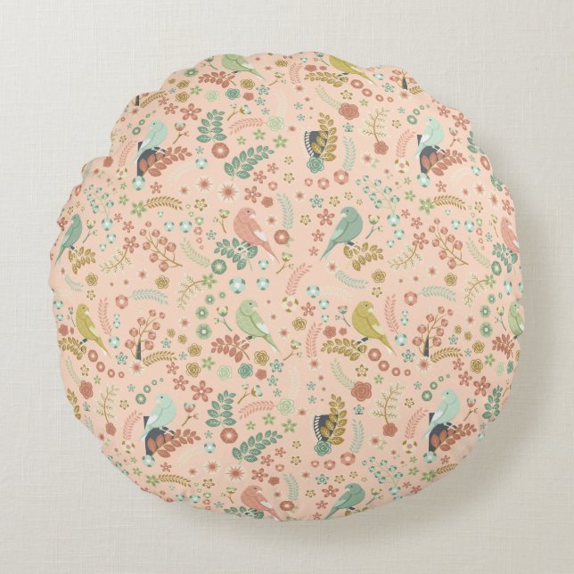 Shabby Birds & Branches Pastel Salmon  Round Pillow (Front)