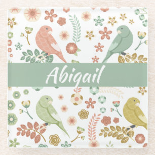 Shabby Birds & Branches Personalized Glass Coaster