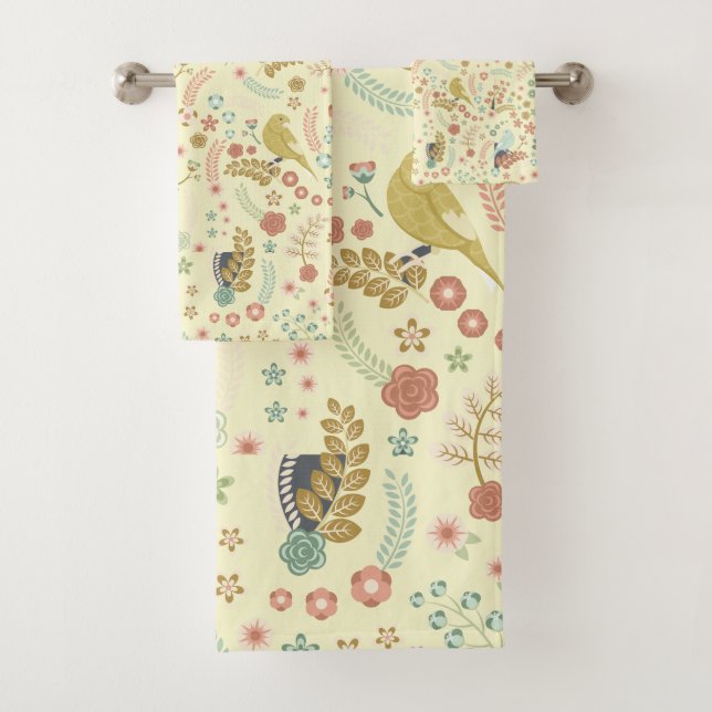 Shabby Birds & Branches Yellow Bath Towel Set (Insitu)