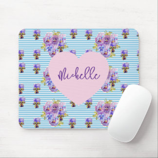 Shabby Blue Pansy floral Stripe Mouse Mat Pad