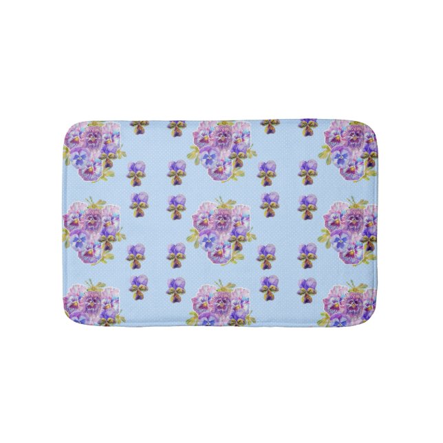 Shabby Blue Pansy viola floral flowers Bath Mat (Front)