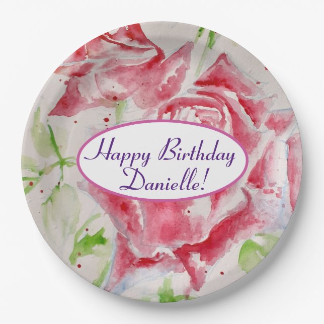 Shabby Blue Rose Floral Tea Party Purple Paper Plate (Front)