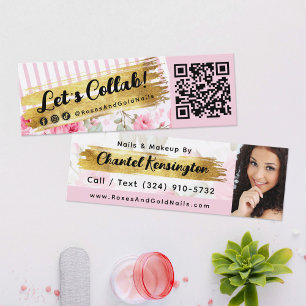 Shabby Blush Watercolor Roses & Gold Influencer QR Mini Business Card