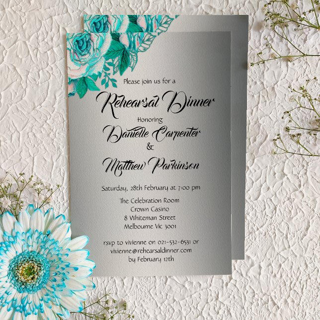 Shabby-Chic Aqua Roses on Silver Wedding Rehearsal Invitation (Creator Uploaded)
