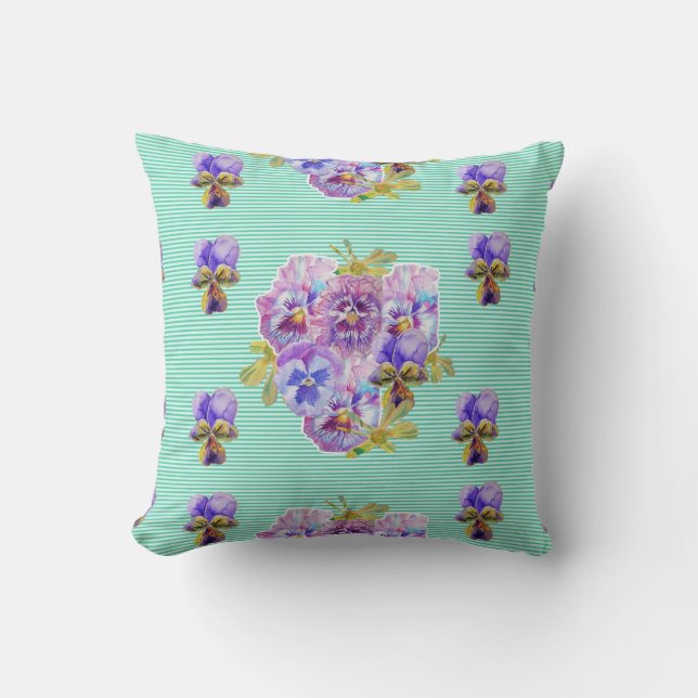Shabby Chic Aqua Stripe Floral flowers Cushion (Front)