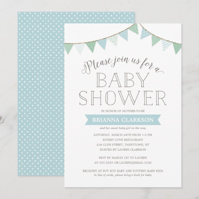 Shabby Chic Banners Blue | Baby Shower Invitation (Front/Back)