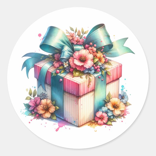 Shabby Chic Birthday Gift Watercolor Classic Round Sticker (Front)
