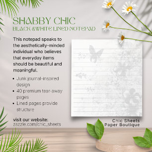 Shabby Chic Black & White Butterfly Floral Lined Notepad