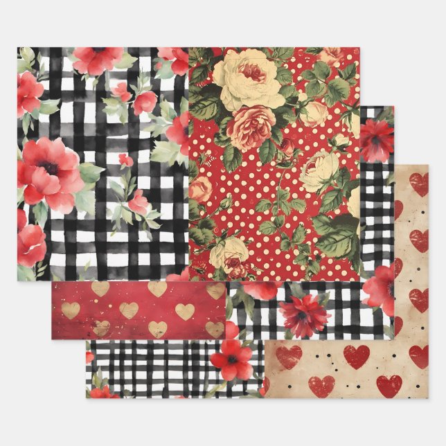 Shabby Chic Black & White Plaid Red Heart Mix Wrapping Paper Sheet (Set)
