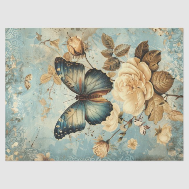 Shabby chic blue butterfly & white roses tissue paper (Front)