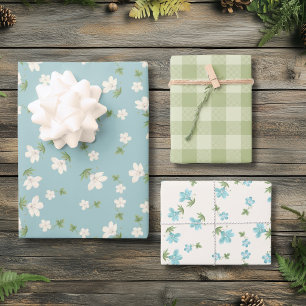 Shabby Chic Blue Ditsy Floral Cottagecore Gingham Wrapping Paper Sheet