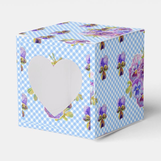 Shabby Chic Blue Gingham Pansy Floral Cake Favor  Favor Box (Front Side)
