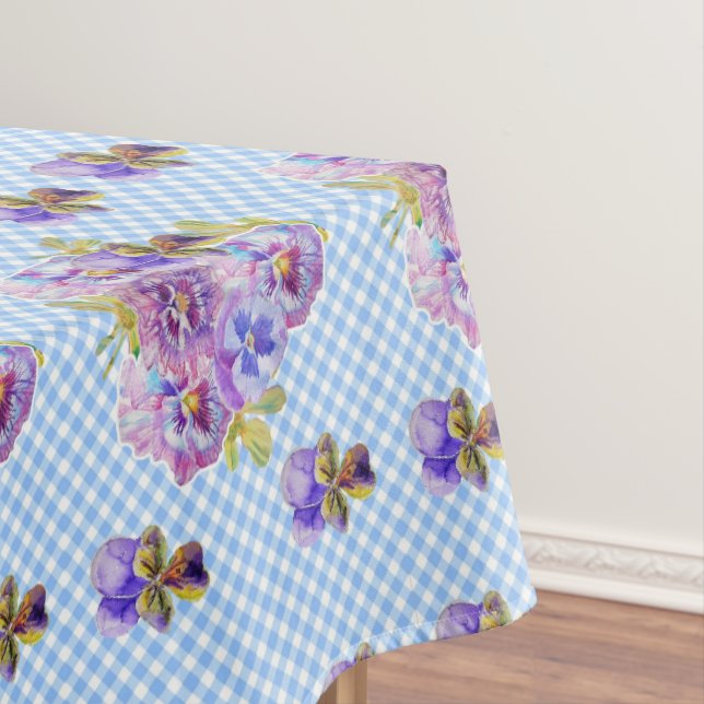 Shabby Chic Blue Gingham Pansy Floral Tablecloth (In Situ)