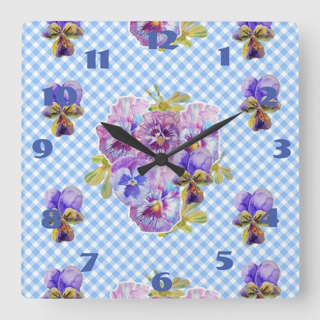 Shabby Chic Blue Pansies Pansy Floral Check Clock (Front)