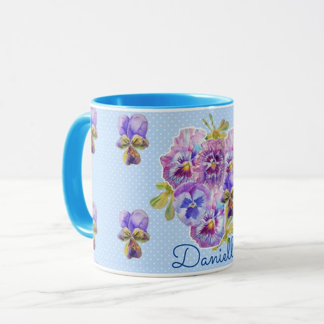 Shabby Chic Blue Pansy Floral Polka Dot Mug (Devant gauche)