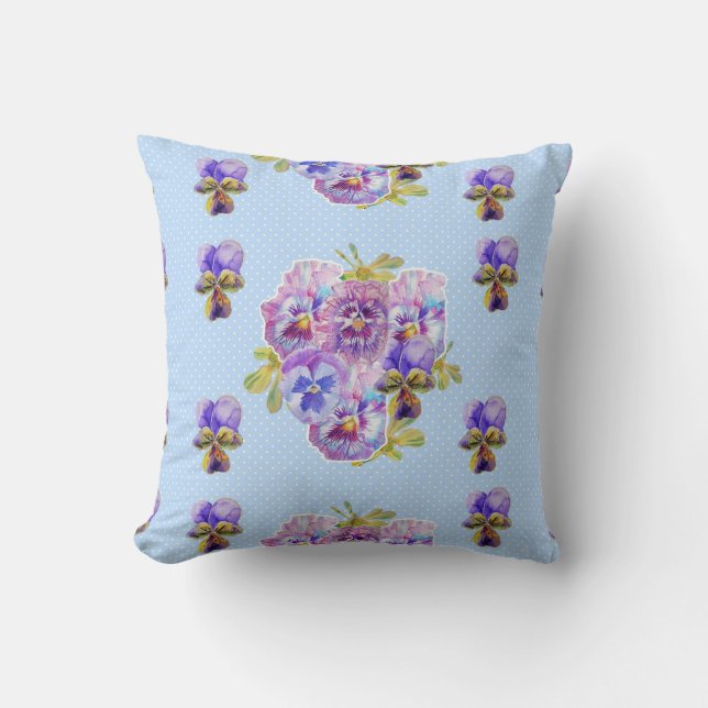 Shabby Chic Blue Pansy Floral Watercolor Cushion (Front)