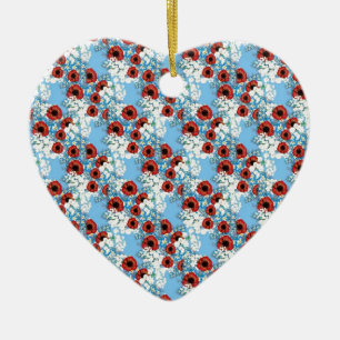 Shabby chic blue red floral flower print by LeahG Ceramic Ornament