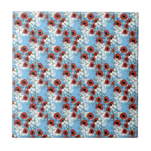Shabby chic blue red floral flower print by LeahG Tile