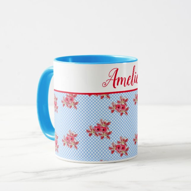 Shabby Chic Blue Red Floral Lily Gingham Art Mug (Front Left)