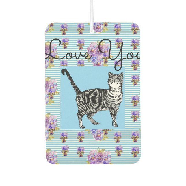 Shabby Chic Blue Stripe Tabby Cat Love Heart Air Freshener (Front)