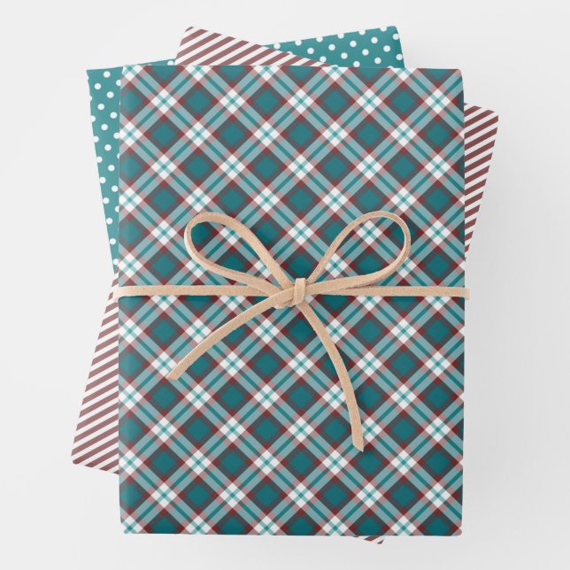 Shabby Chic Blush Red Pink Teal Blue White Plaid Wrapping Paper Sheet (In situ)