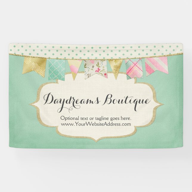 Shabby Chic Boutique Bunting in Pink, Mint & Gold Banner (Horizontal)