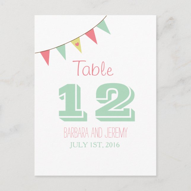 Shabby Chic Bunting Table Number Pink and Mint Postcard (Front)