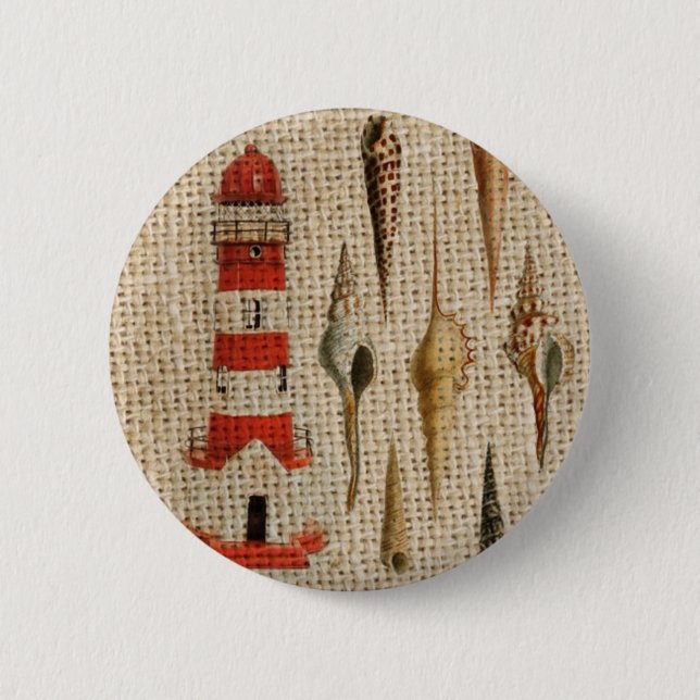 shabby chic burlap coastal seashell lighthouse 2 inch round button (Front)