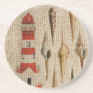 shabby chic burlap coastal seashell lighthouse coaster