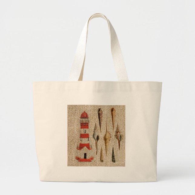 shabby chic burlap coastal seashell lighthouse large tote bag (Front)