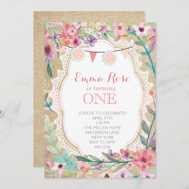 Shabby Chic Burlap Pink Birthday Invitations (Front/Back)