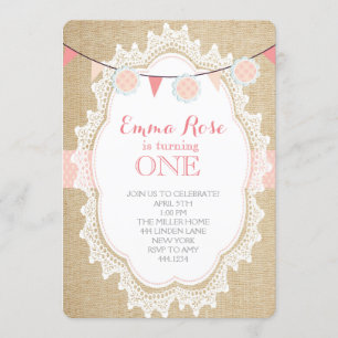Shabby Chic Burlap Pink Invitations d'anniversaire